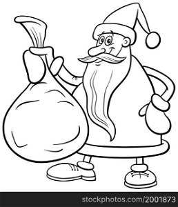 Black and white cartoon illustration of funny Santa Claus character with sack of Christmas gifts coloring book page