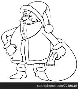 Black and white cartoon illustration of funny Santa Claus character with sack of Christmas presents coloring book page