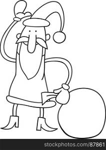 Black and White Cartoon Illustration of Funny Santa Claus Character with Sack of Christmas Presents Coloring Book