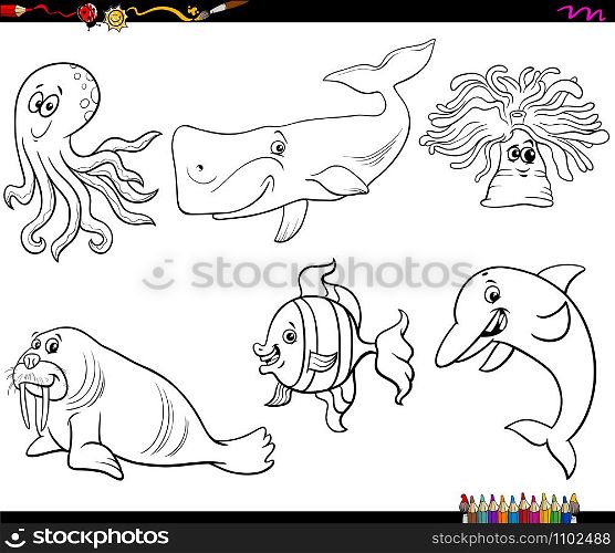 Black and White Cartoon Illustration of Funny Sea Life Animal Characters Set Coloring Book Page