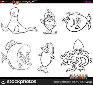 Black and White Cartoon Illustration of Funny Sea Life Marine Animal Characters Set Coloring Book Page