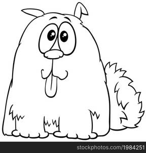 Black and white cartoon illustration of funny shaggy dog comic animal character coloring book page