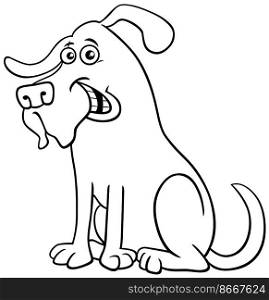 Black and white cartoon illustration of funny shaggy dog comic animal character coloring page