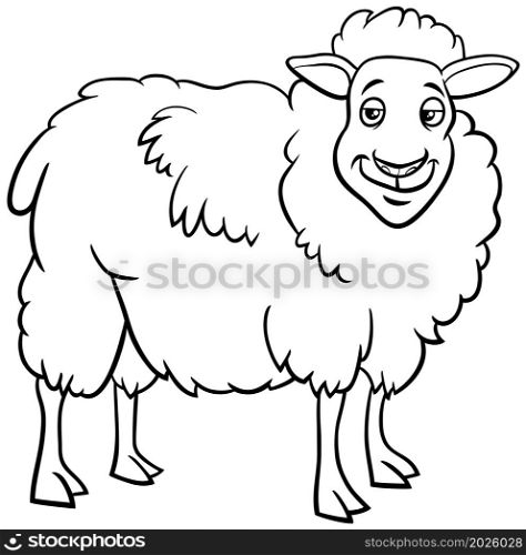 Black and white cartoon illustration of funny sheep farm animal comic character coloring book page