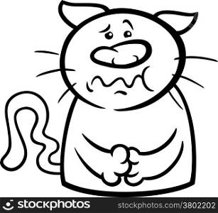 Black and White Cartoon Illustration of Funny Sick Cat Feeling Nauseous for Coloring Book