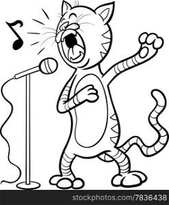Black and White Cartoon Illustration of Funny Singing Cat Character for Coloring Book