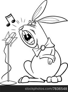 Black and White Cartoon Illustration of Funny Singing Rabbit Character for Coloring Book