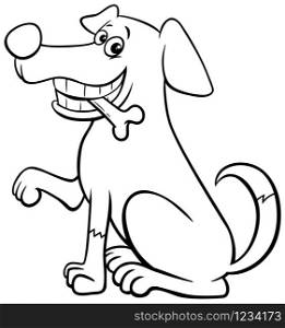 Black and White Cartoon Illustration of Funny Sitting Dog Comic Animal Character with Bone Coloring Book Page