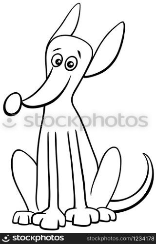 Black and White Cartoon Illustration of Funny Sitting Dog Comic Animal Character Coloring Book Page