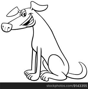Black and white cartoon illustration of funny sitting dog comic animal character coloring page
