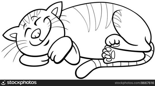 Black and white cartoon illustration of funny sleeping cat comic animal character coloring page