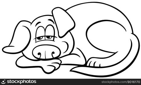 Black and white cartoon illustration of funny sleepy dog comic animal character lying down coloring page