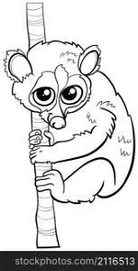 Black and white cartoon illustration of funny slow loris animal character coloring book page