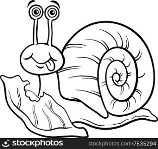Black and White Cartoon Illustration of Funny Snail Mollusk with Lettuce Leaf for Coloring Book