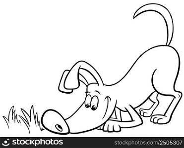 Black and white cartoon illustration of funny sniffing dog animal character coloring book page