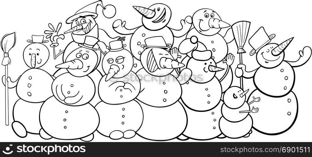 Black and White Cartoon Illustration of Funny Snowmen Fantasy Characters Group Coloring Book