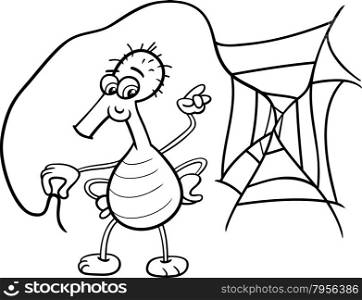 Black and White Cartoon Illustration of Funny Spider Insect with Web for Coloring Book