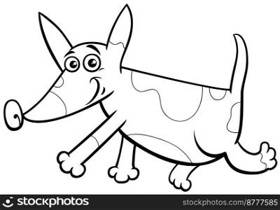 Black and white cartoon illustration of funny spotted running puppy comic animal character coloring page
