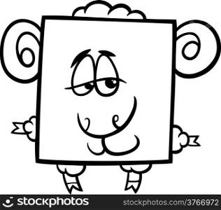 Black and White Cartoon Illustration of Funny Square Ram Character for Coloring Book