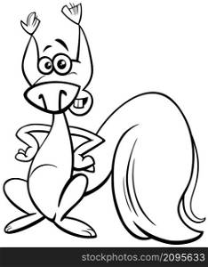 Black and white cartoon illustration of funny squirrel animal character coloring book page