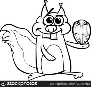 Black and White Cartoon Illustration of Funny Squirrel Rodent Animal Character with Hazelnut for Coloring Book