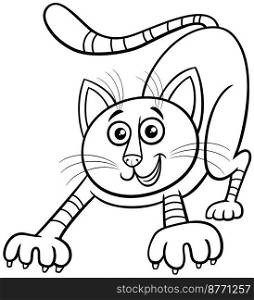 Black and white cartoon illustration of funny tabby cat comic animal character coloring page