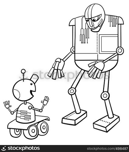Black and White Cartoon Illustration of Funny Talking Robots Fantasy Characters Coloring Book