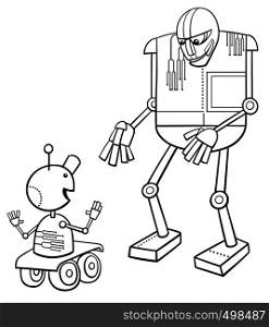 Black and White Cartoon Illustration of Funny Talking Robots Fantasy Characters Coloring Book