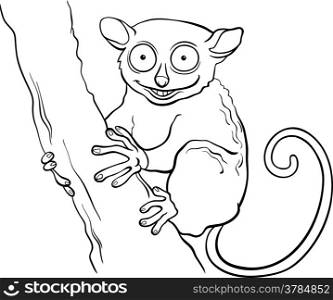 Black and White Cartoon Illustration of Funny Tarsier Animal on Tree Branch for Coloring Book