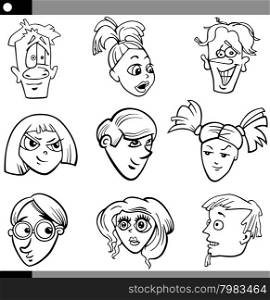 Black and White Cartoon Illustration of Funny Teens Faces Set