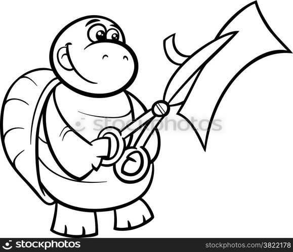 Black and White Cartoon Illustration of Funny Turtle Animal Character Cutting Paper with Scissors for Coloring Book