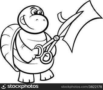 Black and White Cartoon Illustration of Funny Turtle Animal Character Cutting Paper with Scissors for Coloring Book