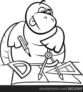 Black and White Cartoon Illustration of Funny Turtle Animal Character on Geometry Lesson with Calipers and Setsquare for Coloring Book