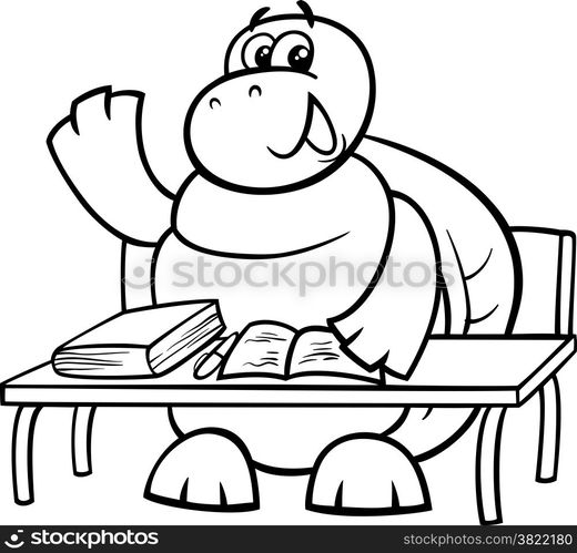 Black and White Cartoon Illustration of Funny Turtle Animal Character Raising Hand on the Lesson for Coloring Book