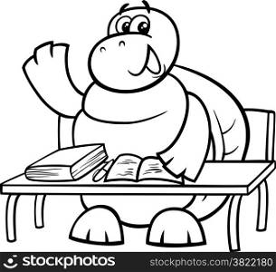 Black and White Cartoon Illustration of Funny Turtle Animal Character Raising Hand on the Lesson for Coloring Book
