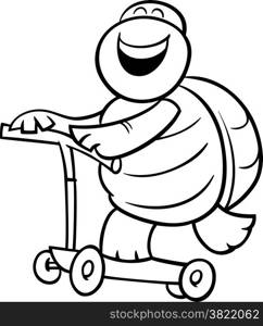 Black and White Cartoon Illustration of Funny Turtle Animal Character Riding on Scooter for Coloring Book