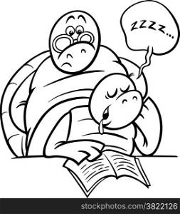 Black and White Cartoon Illustration of Funny Turtle Animal Character Sleeping in Classroom for Coloring Book