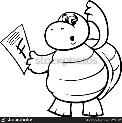 Black and White Cartoon Illustration of Funny Turtle Animal Character with F mark on a Test for Coloring Book