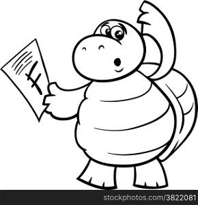 Black and White Cartoon Illustration of Funny Turtle Animal Character with F mark on a Test for Coloring Book