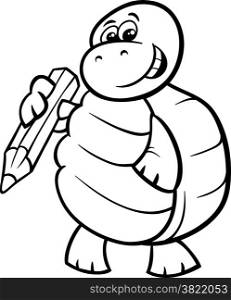 Black and White Cartoon Illustration of Funny Turtle with Pencil Animal Character for Coloring Book