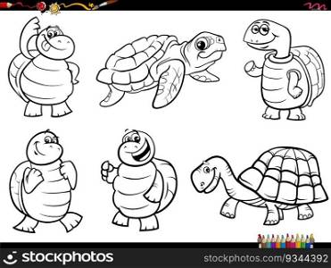 Black and white cartoon illustration of funny turtles reptiles comic animal characters set coloring page