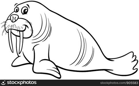 Black and White Cartoon Illustration of Funny Walrus Wild Animal Character Coloring Book