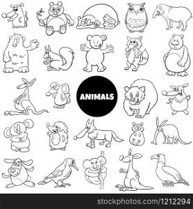 Black and White Cartoon Illustration of Funny Wild Animal Characters Large Set Coloring Book Page