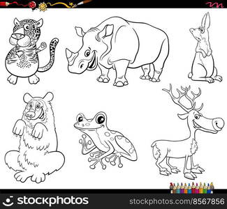 Black and white cartoon illustration of funny wild animals characters set coloring page