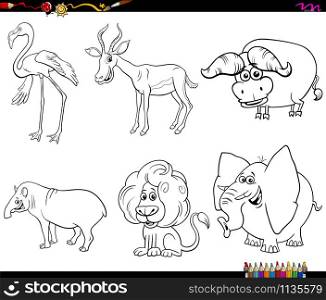 Black and White Cartoon Illustration of Funny Wild Animals Comic Characters Set Coloring Book Page