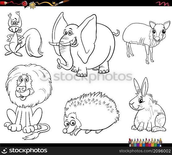Black and white cartoon illustration of funny wild animals comic characters set coloring book page