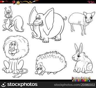 Black and white cartoon illustration of funny wild animals comic characters set coloring book page