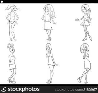Black and white cartoon illustration of funny women characters caricature set coloring book page