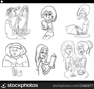 Black and white cartoon illustration of funny women comic characters set coloring book page