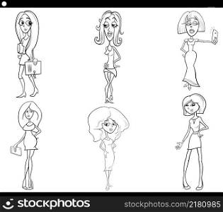 Black and white cartoon illustration of funny women comic characters set coloring book page